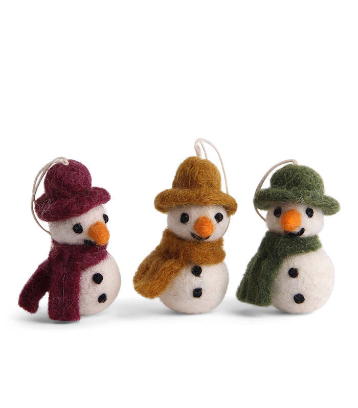 Chubby Snowman with Scarf Felted Wool Ornaments - Set of 3